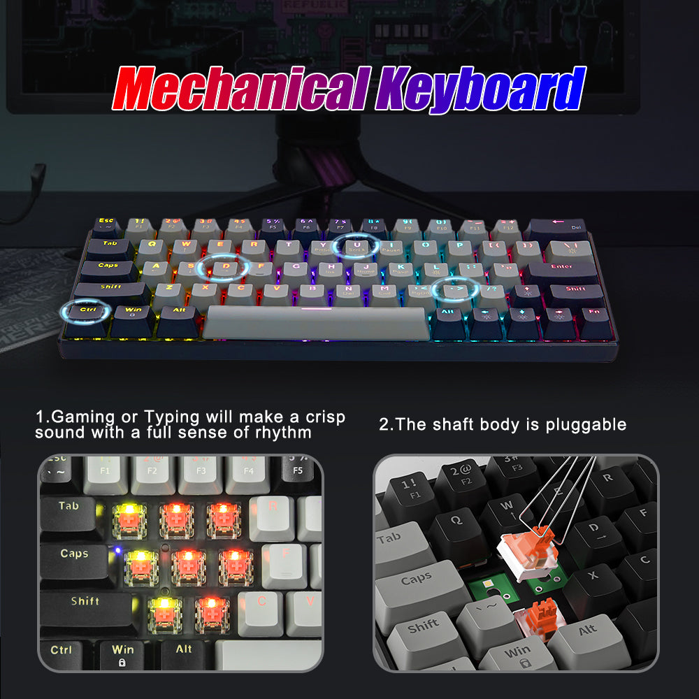 Abucow Wired Hot Swappable Mechanical Gaming Keyboard with Colorful Backlit and 63 Keycaps