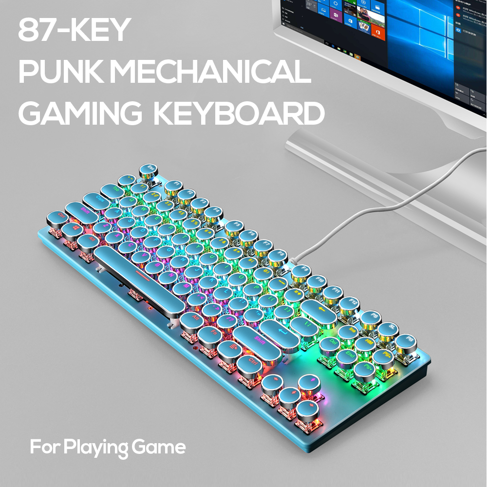 Abucow Wired Retro Mechanical Gaming Keyboard with Punk Rainbow Backlit and 87 Round Keycaps