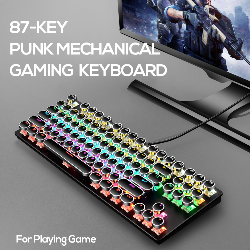 Abucow Wired Retro Mechanical Gaming Keyboard with Punk Rainbow Backlit and 87 Round Keycaps