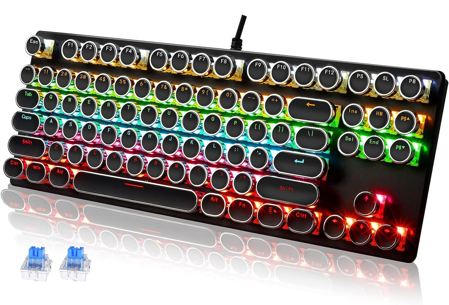 Abucow Wired Retro Mechanical Gaming Keyboard with Punk Rainbow Backlit and 87 Round Keycaps