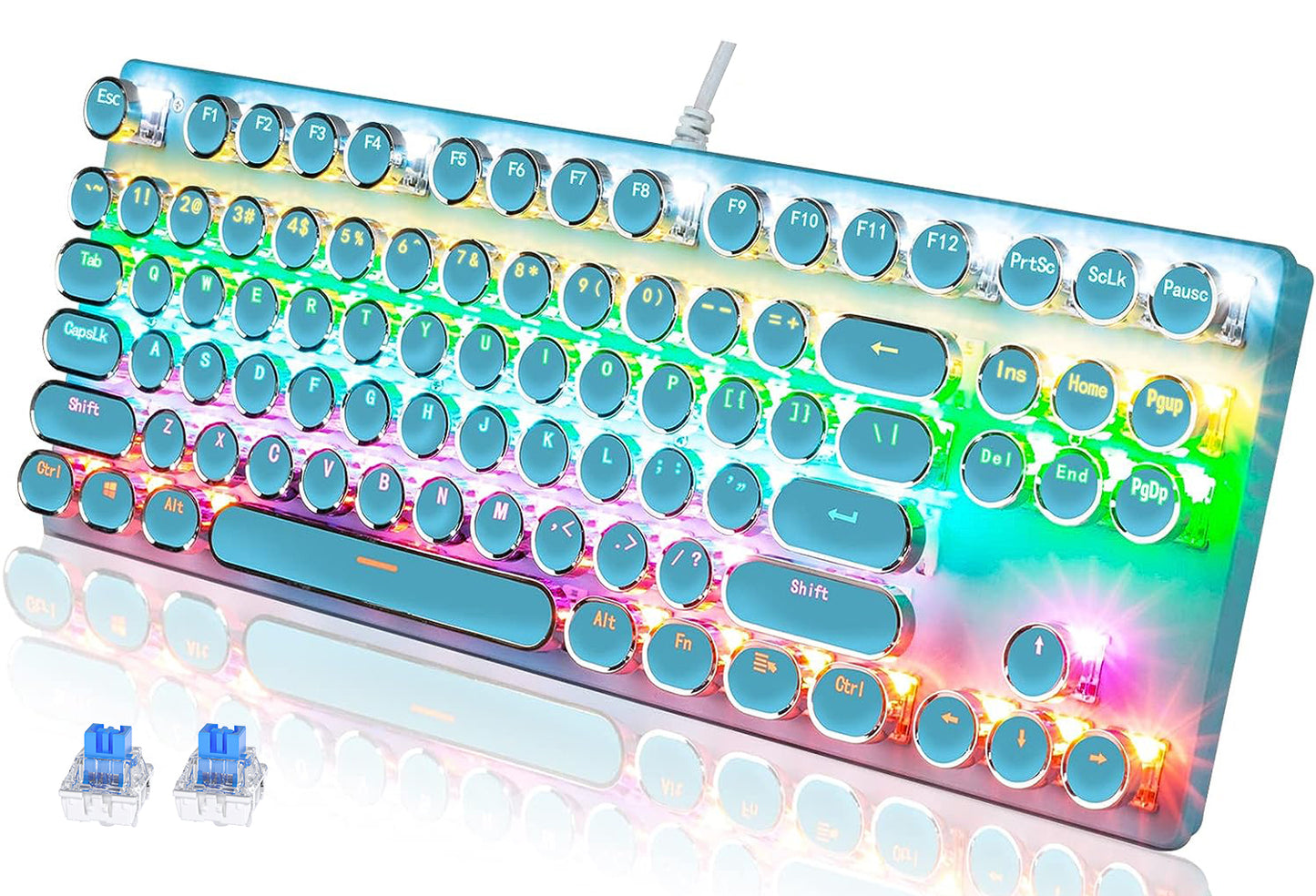 Abucow Wired Retro Mechanical Gaming Keyboard with Punk Rainbow Backlit and 87 Round Keycaps