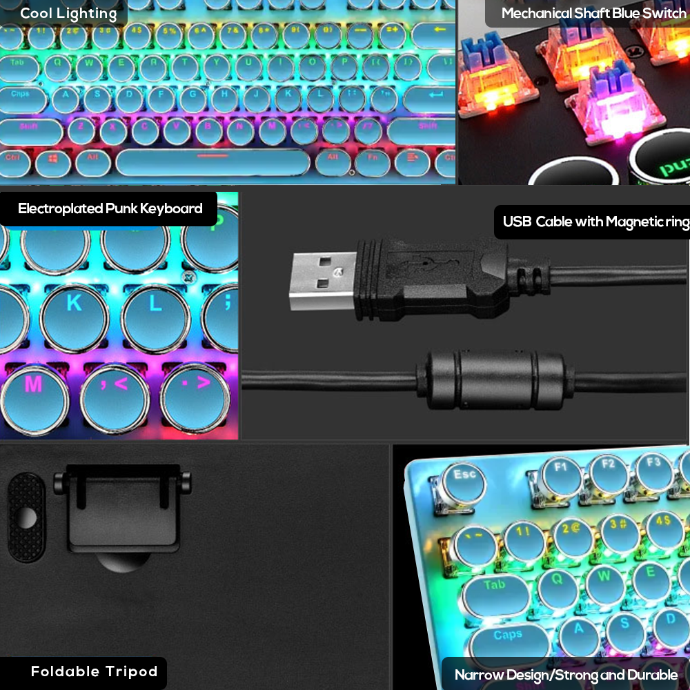 Abucow Wired Retro Mechanical Gaming Keyboard with Punk Rainbow Backlit and 87 Round Keycaps