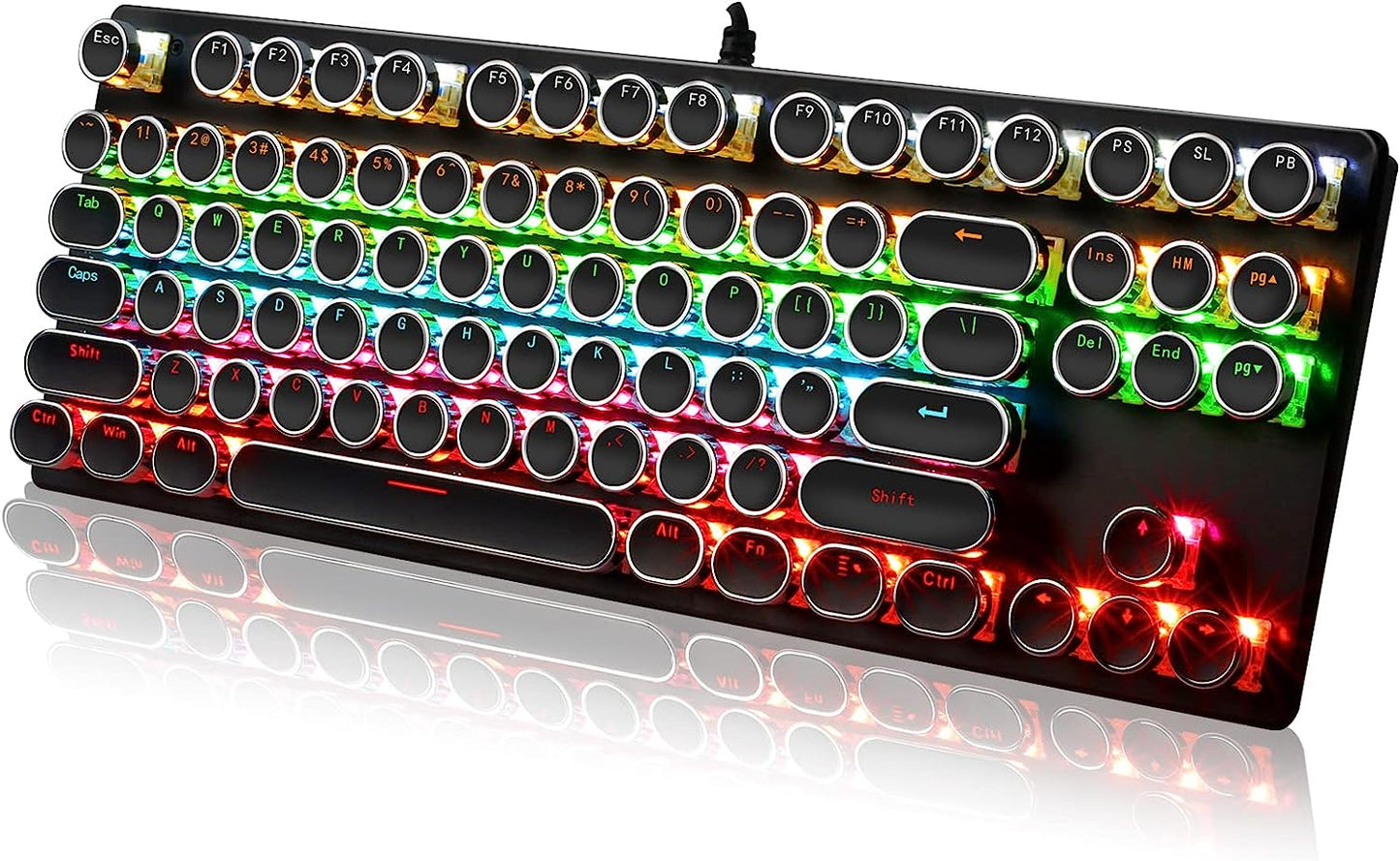 Abucow Wired Retro Mechanical Gaming Keyboard with Punk Rainbow Backlit and 87 Round Keycaps