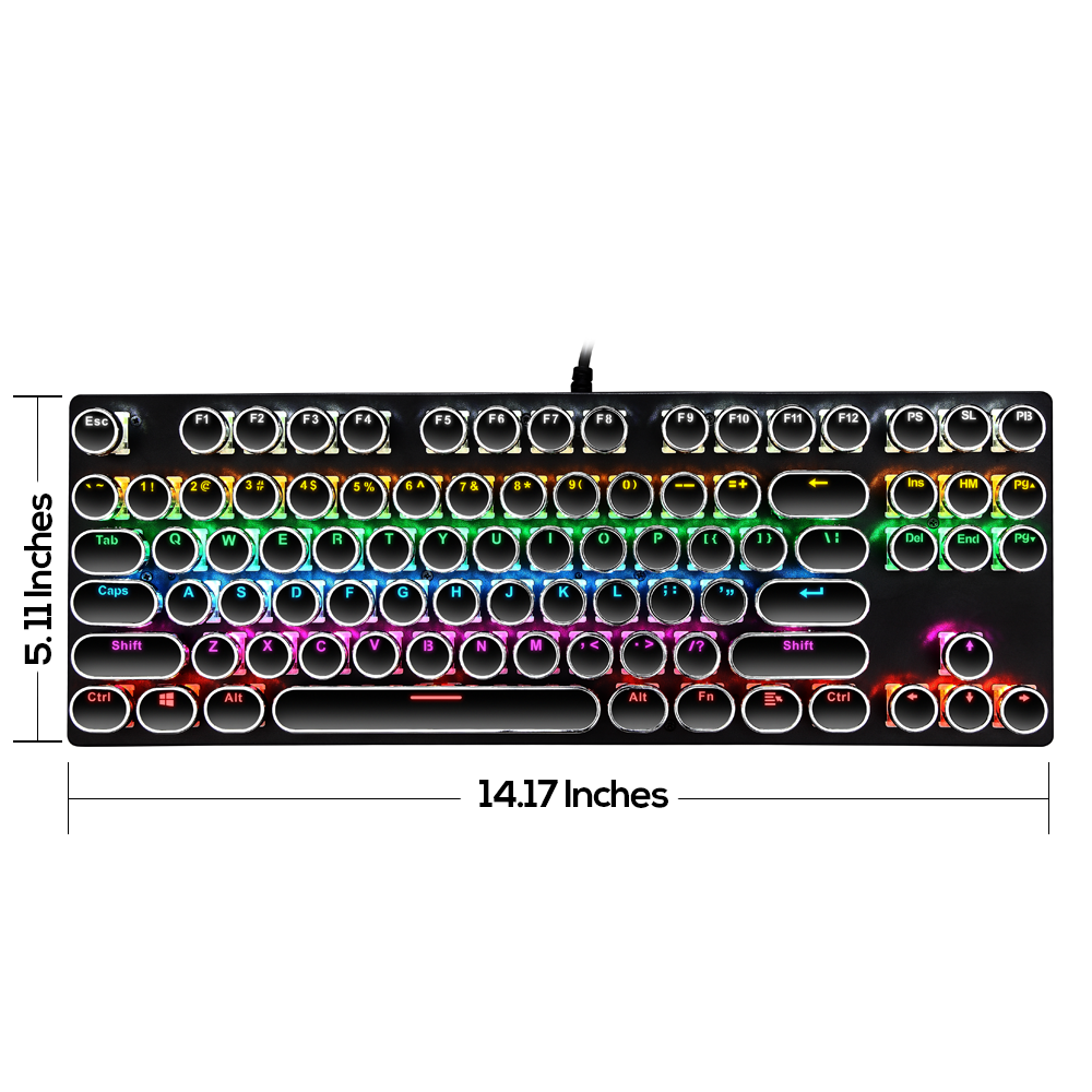 Abucow Wired Retro Mechanical Gaming Keyboard with Punk Rainbow Backlit and 87 Round Keycaps