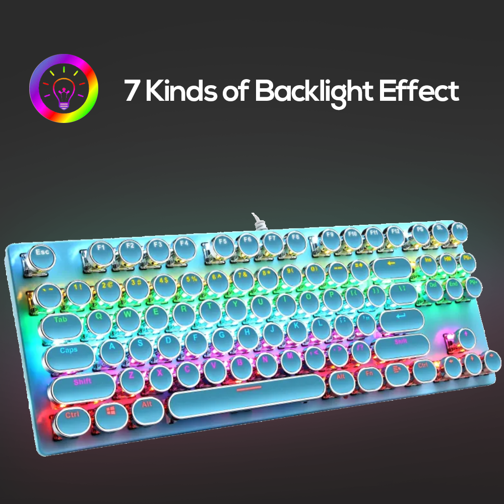 Abucow Wired Retro Mechanical Gaming Keyboard with Punk Rainbow Backlit and 87 Round Keycaps