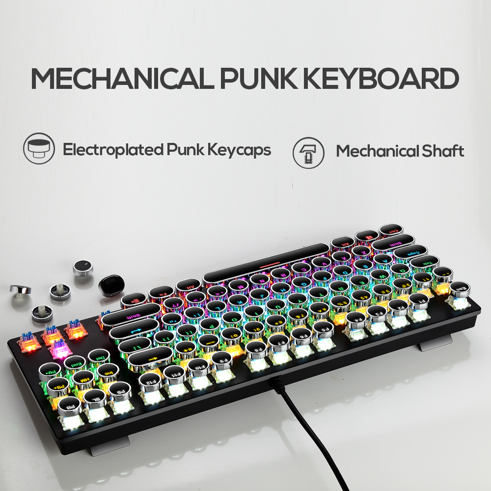 Abucow Wired Retro Mechanical Gaming Keyboard with Punk Rainbow Backlit and 87 Round Keycaps