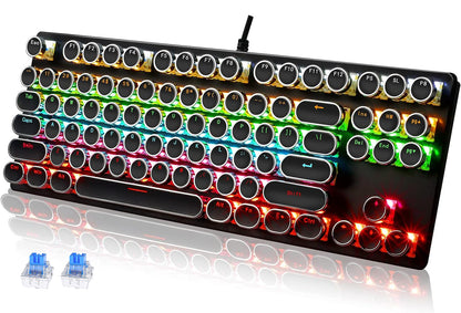 Abucow Wired Retro Mechanical Gaming Keyboard with Punk Rainbow Backlit and 87 Round Keycaps
