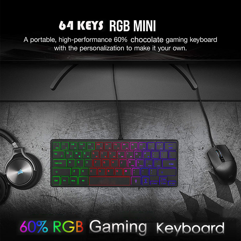 Abucow Wired Mini Gaming Keyboard with RGB Backlit and 64 Keycaps