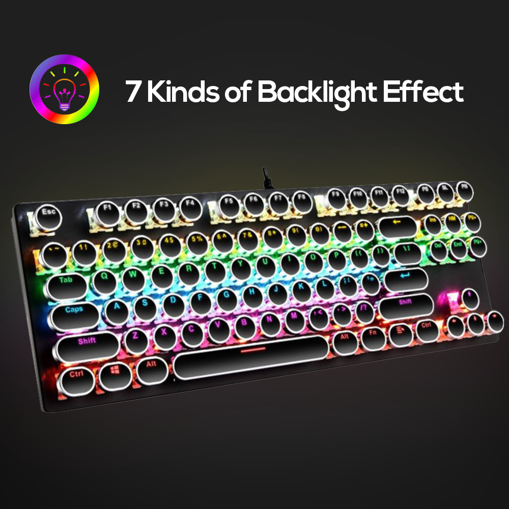 Abucow Wired Retro Mechanical Gaming Keyboard with Punk Rainbow Backlit and 87 Round Keycaps