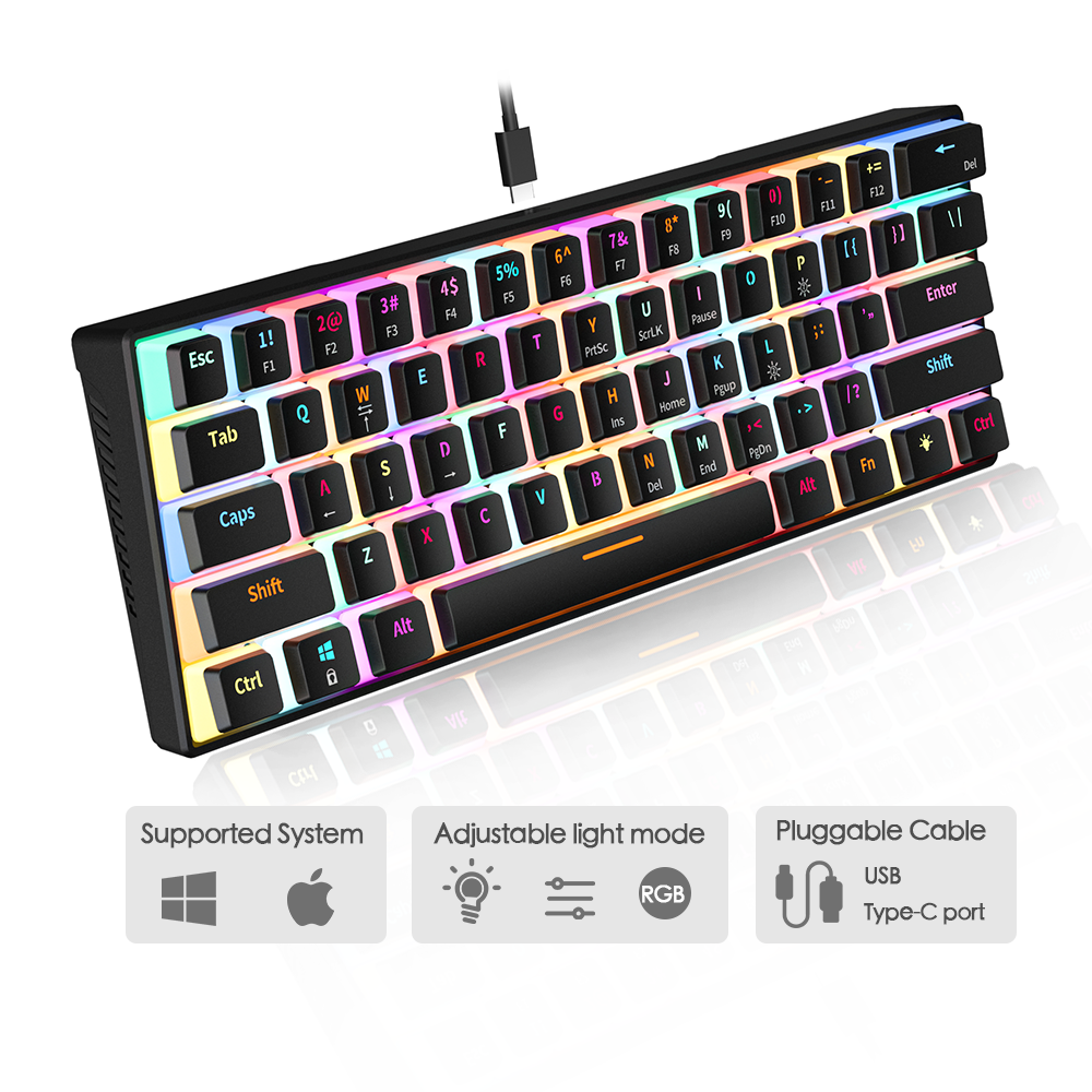 Abucow Wired Mechanical Gaming Keyboard with RGB Backlit, Hot Swappable and 61 Pudding keycaps